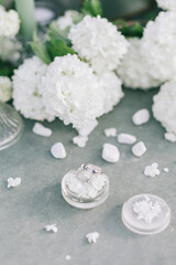Fototapeta na wymiar Обручальные кольца на столе с белыми цветами и шкатулкой для драгоценностей. Детали дня свадьбы.