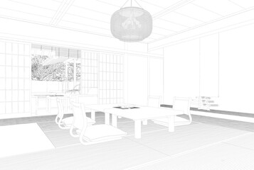 Outline of a Japanese dining room from black lines isolated on a white background. 3D. Vector illustration.