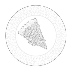 Outline of a piece of pie with berries on a plate from black lines isolated on a white background. View from above. 3D. Vector illustration.