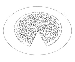 The contour of a pie with berries with a cut piece on a plate from black lines isolated on a white background. Isometric view. 3D. Vector illustration.