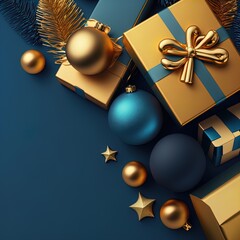 A set of gifts and decorations in blue and gold. 
