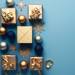 A set of gifts and decorations in blue and gold. 