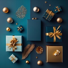 A set of gifts and decorations in blue and gold. 