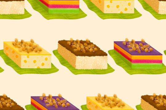 Filipino biko, sapin-sapin, and maja mais rice cake slices on banana leaves on cream background illustrated pattern