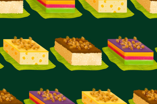 Filipino biko, sapin-sapin, and maja mais rice cake slices on banana leaves on dark green background illustrated pattern