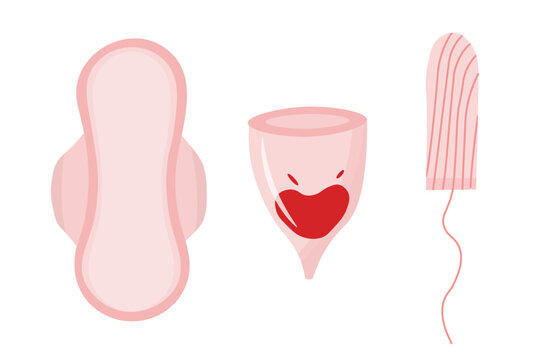 Menstrual icons set, pad, menstrual cup and tampon. Hygienic tools for menstruation hygiene.