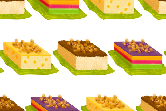 Filipino biko, sapin-sapin, and maja mais rice cake slices on banana leaves background illustrated pattern