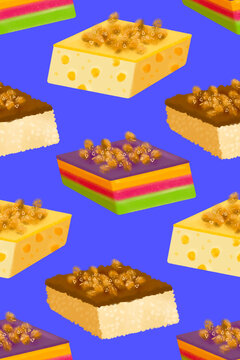 Filipino kakanin rice cake slices on blue background illustrated pattern