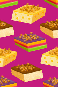 Filipino kakanin rice cake slices on magenta background illustrated pattern