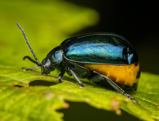 Macrophotography of an Alder Leaf Beetle (Agelastica alni) on a green leaf. Extremely close-up and details.