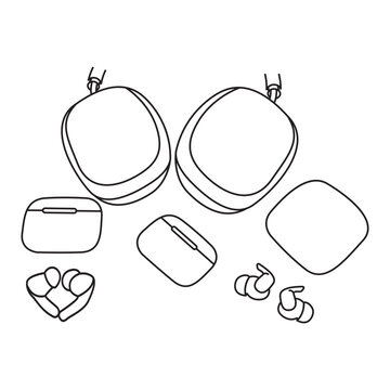 Line Art Blue Tooth Headset, Earphone And Their Box  Vector Design.