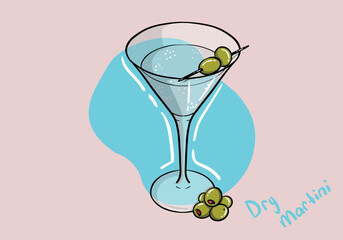 Dry Matrtini. Martini glass. Cocktail. Alcoholic classic drink. Dry vermouth with green olive. Hand drawn vector illustration.