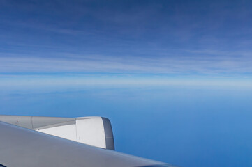 Close up shot of airplane wing during flight