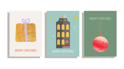 set of Christmas cards with gift box, house,Christmas balls