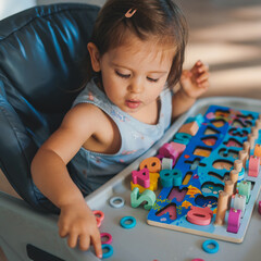 Cute baby girl playing with colorful rainbow toy sitting on high-chair. An evolving color wooden...