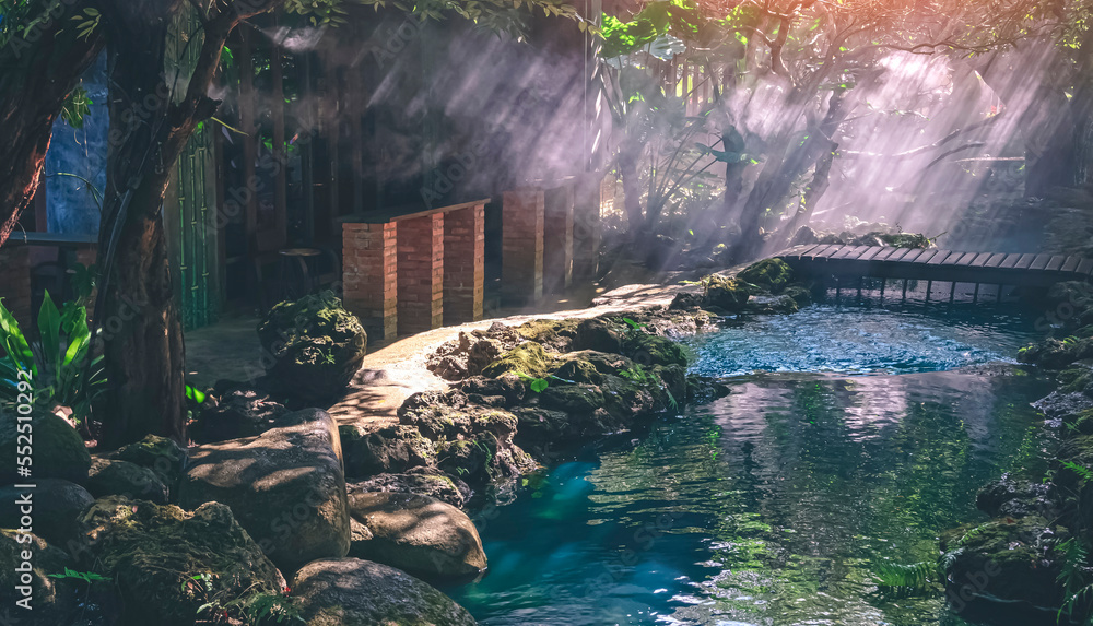 Wall mural Mist and morning sunlight shine through the branches into small wooden bridge with walkway and streamlet in gardening area at public park