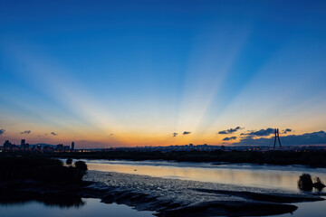 Sunset bridge landscape and Tamsui River