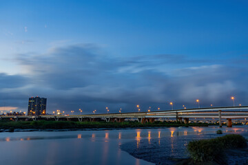 Fototapeta premium Sunset bridge landscape and Tamsui River