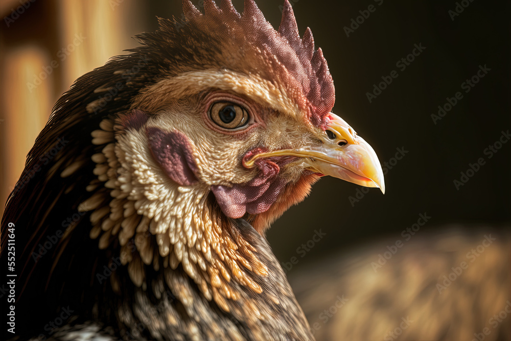 Poster a zoomed-in view of a hen's head generative ai