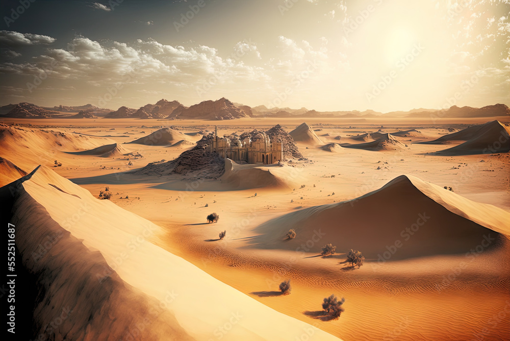 Poster scene of sandy hills and open sky from a high vantage point. generative ai