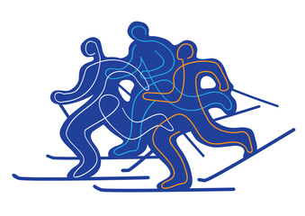 Cross-country skiing,ski alp, competition, line art. 
llustration of blue silhouettes of nordic skiing competitors. Continuous line drawing design. Vector available.