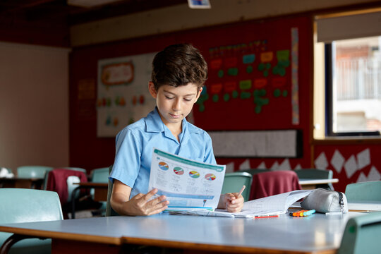 Primary school student in classroom working on homework