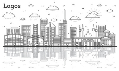 Outline Lagos Nigeria City Skyline with Modern Buildings and Reflections Isolated on White.