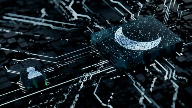 Night mode Technology Concept with moon symbol on a Microchip. White Neon Data flows between the CPU and the User across a Futuristic Motherboard. Seamless Loop.