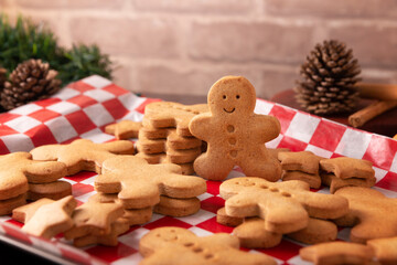 Homemade gingerbread man cookies, traditionally made at Christmas and the holidays.