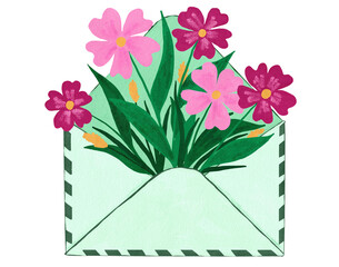 Hand drawn illustration of open letter envelope mailing list, sending business information invitation card. Pink spring summer flowers in green leaves red floral foliage, love thank you card .