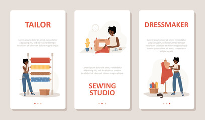 Sewing concept. African woman seamstress sews, cuts and streams clothes. Set of vertical banners for social media. Fashion designer or dressmaker. Vector illustration in flat cartoon style.