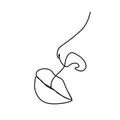 Female lips and nose in one line drawing style. Mouth silhouette. Permanent or tattoo make up. Beauty studio logo. Linear vector Illustration in trendy minimalist style.