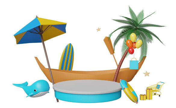 3d stage podium with boat, umbrella, balloon, palm, shopping bags, lifebuoy, whale, cart, surfboard isolated. web search engine, online shopping summer sale concept, 3d render illustration