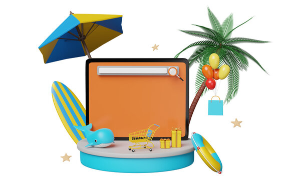 3d podium with mobile phone, smartphone, umbrella, balloon, palm, shopping bags, lifebuoy, whale isolated. web search engine, online shopping summer sale concept, 3d render illustration