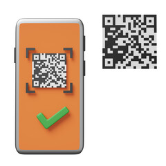 orange mobile phone or smartphone with barcode, qr code scanning, check mark isolated. online shopping concept, 3d illustration, 3d render