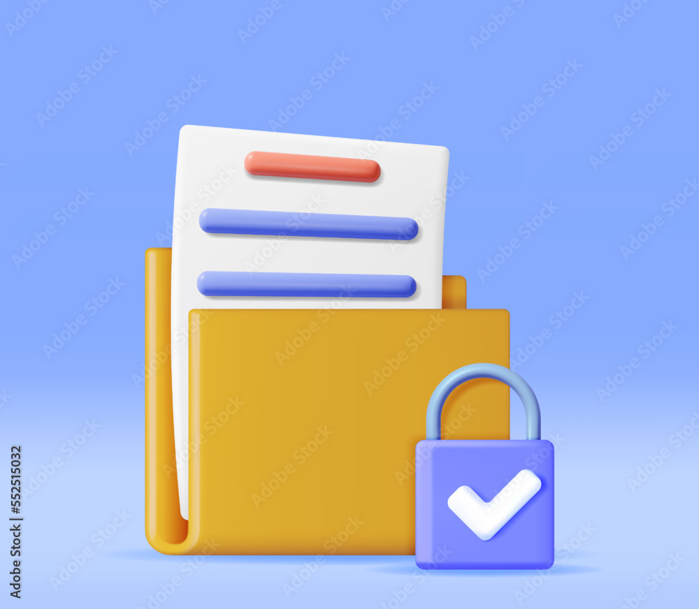 Poster 3d document folder with padlock isolated. render folder and pad lock. concept of business security, 