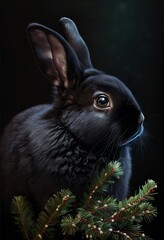 Black bunny with Christmas decorations. Photorealistic illustration generated by Ai. Generative art