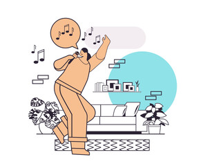 happy woman dancing and singing songs in microphone girl having fun living room interior horizontal