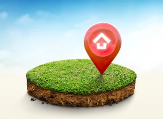 Fotobehang House symbol with location pin icon on cubical soil land geology cross section with green grass, ground ecology isolated on blue sky. real estate sale or property investment concept. 3d illustration. © Puttachat