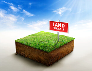 Land for sale sign on cubical soil land geology cross section with green grass, ground ecology...