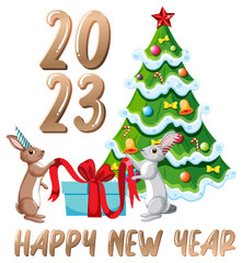 Happy New Year text with cute rabbit for banner design