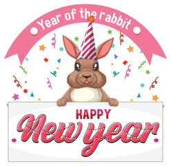 Happy New Year text with cute rabbit for banner design