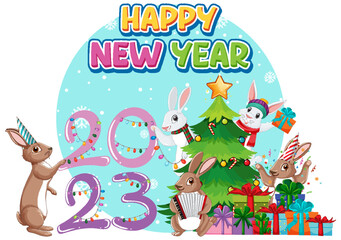 Happy New Year text with cute rabbit for banner design