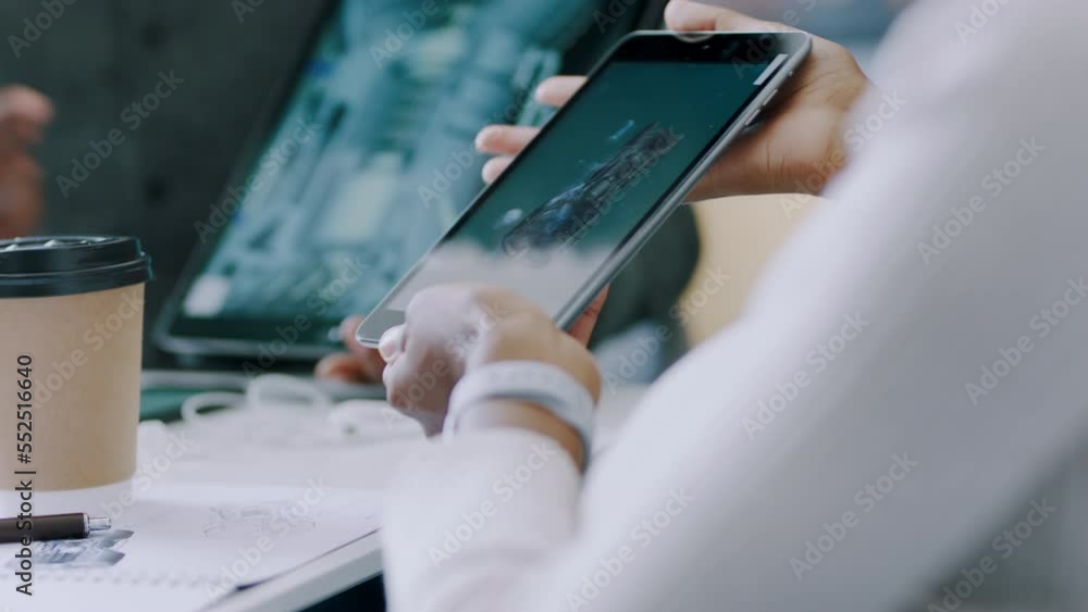 Poster People hands, tablet and engineering meeting for 3d model, product design and electronics sketch with graphic designer software. Digital technology, CAD app and developer or programmer communication