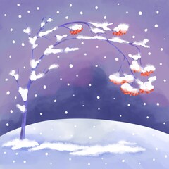 Mystic winter forest landscape. Natural woodland horizontal background at wintertime with mist and fog. Cartoon picture of cold, snowy deep forest with woods silhouettes, pathway and snowfall