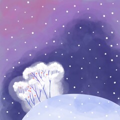 Mystic winter forest landscape. Natural woodland horizontal background at wintertime with mist and fog. Cartoon picture of cold, snowy deep forest with woods silhouettes, pathway and snowfall