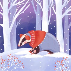 Winter postcard with a forest animal from the winter forest.