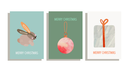set of Christmas cards with  rabbit,  gift boxes, Christmas balls