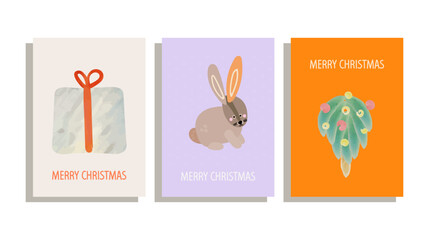 set of Christmas cards with  rabbit,  gift boxes, Christmas tree