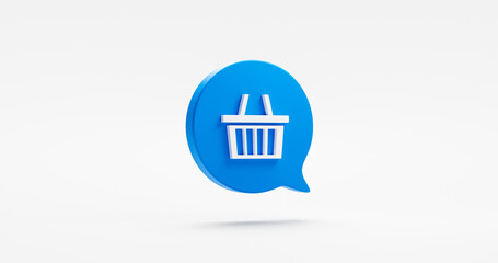 Empty shopping basket 3d icon isolated on white background of blue speech bubble message market shop purchase buy symbol retail online store payment cart sign and supermarket website graphic button.
